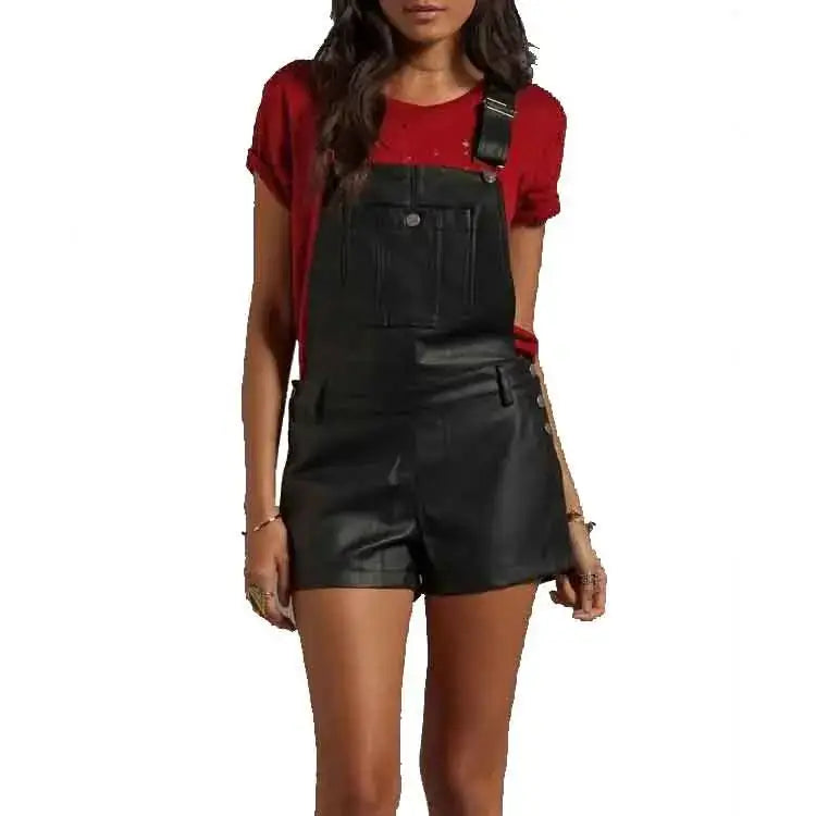 Women's Black Faux Leather Overall Romper