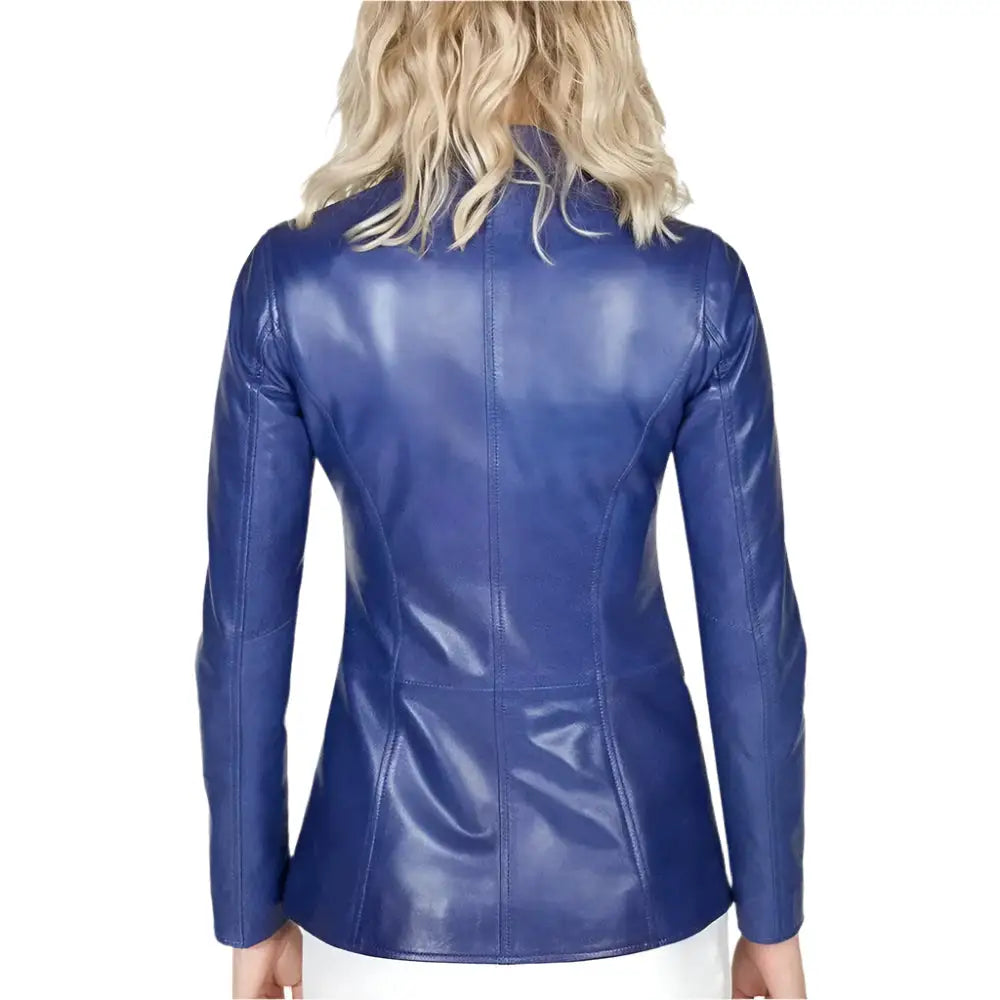 Women's Blue Leather Blazer Jacket