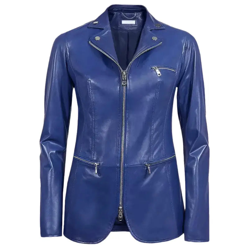 Women's Blue Leather Blazer Jacket