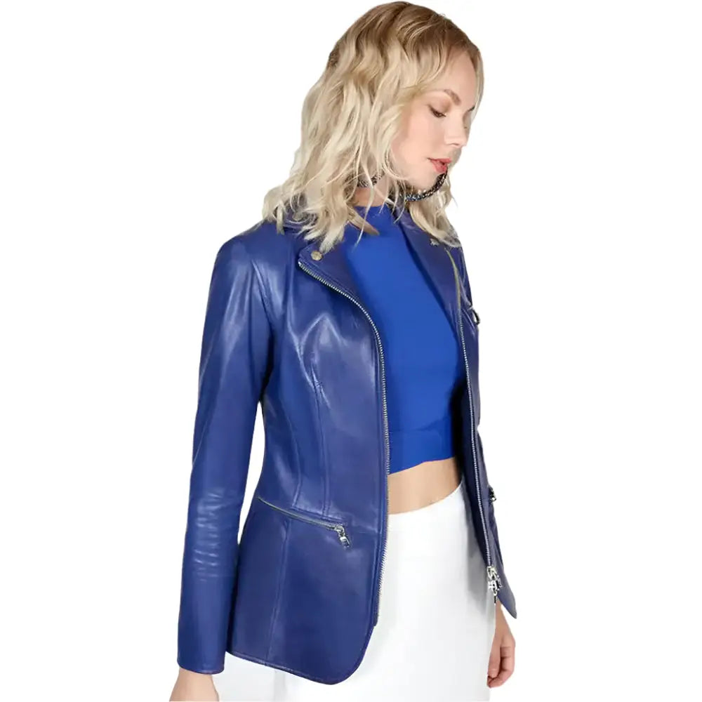 Women's Blue Leather Blazer Jacket